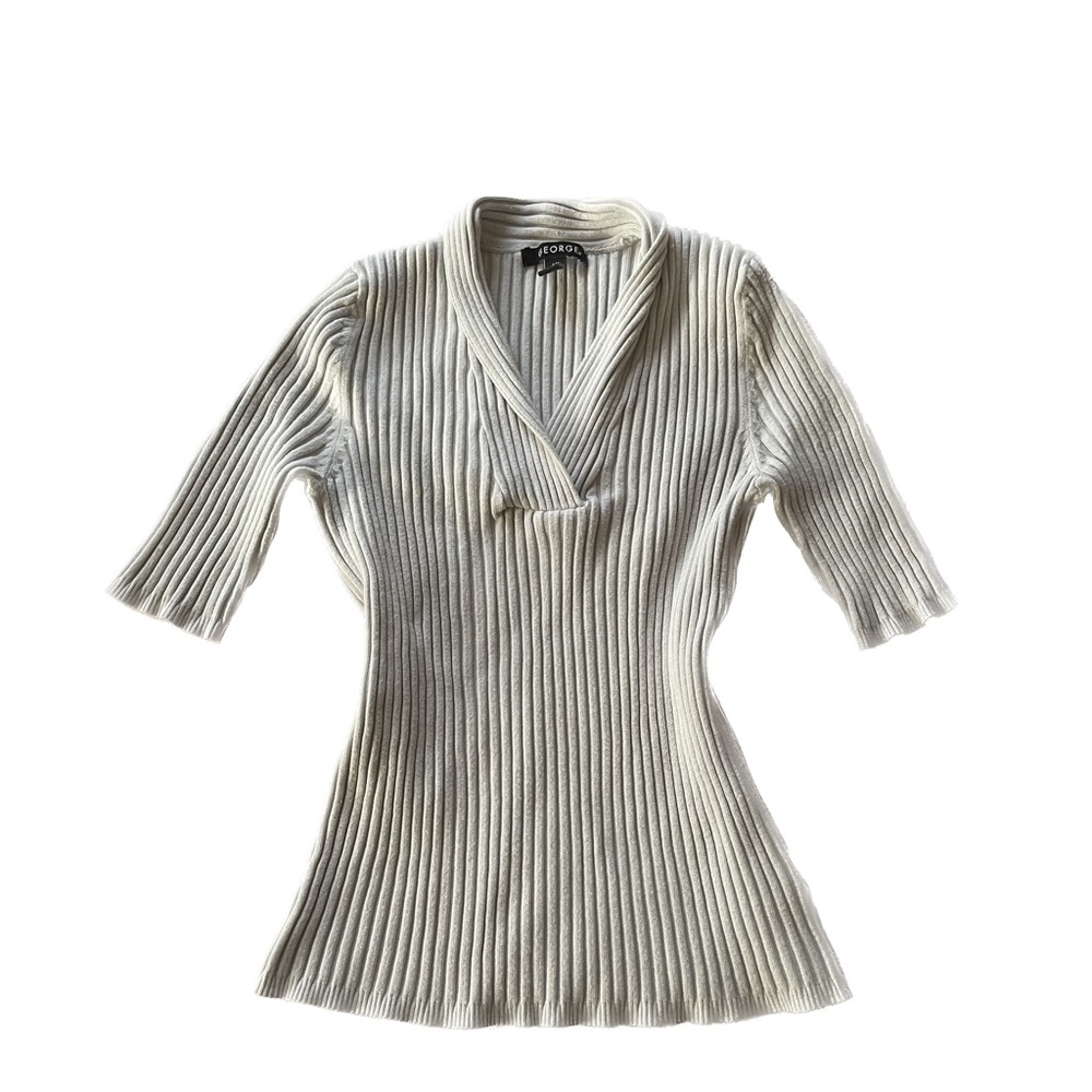 half sleeve rib knit v neck sweater top